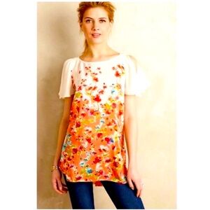 Anthropologie MAEVE Silk Floral Print Flare cut Tunic Pullover Top! V Back! Lg